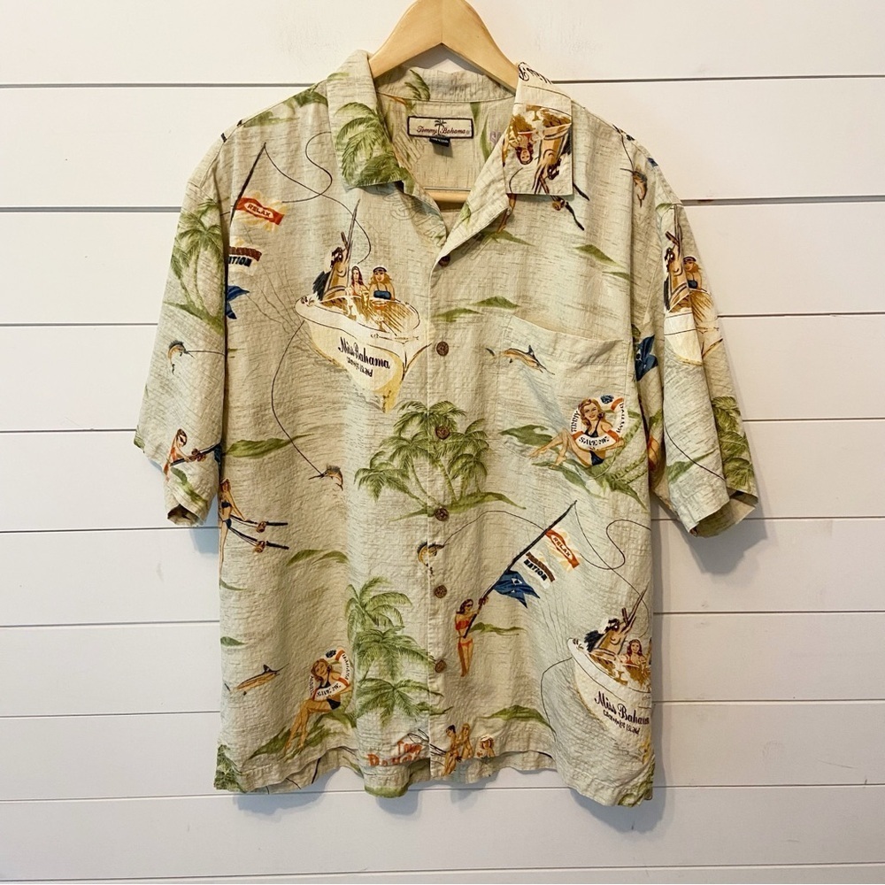 TOMMY BAHAMA | RELAX Men’s L 100% Silk SS Shirt Miss Bahama Catch-a-Lot-Island